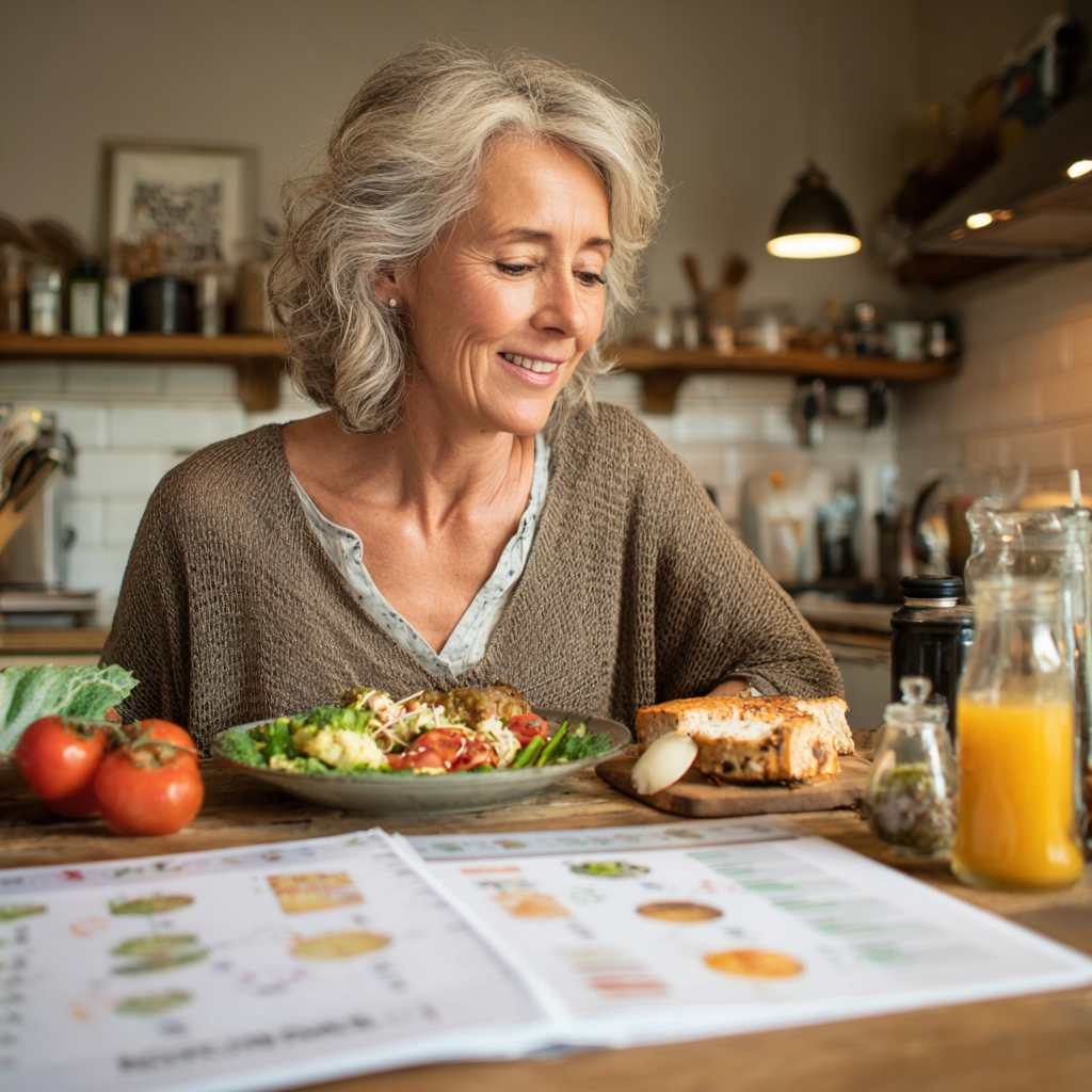 Жінка 52 роки задоволено дивиться на здорову їжу, яку приготувала за планом dornetashk, на столі календар з позначками