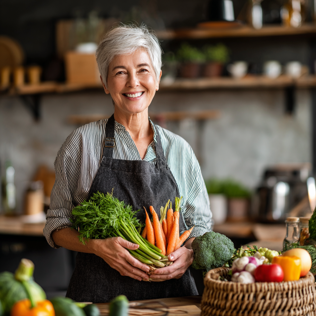 Жінка 55 років з усмішкою готує здорову їжу на кухні, тримає в руках свіжі овочі та фрукти