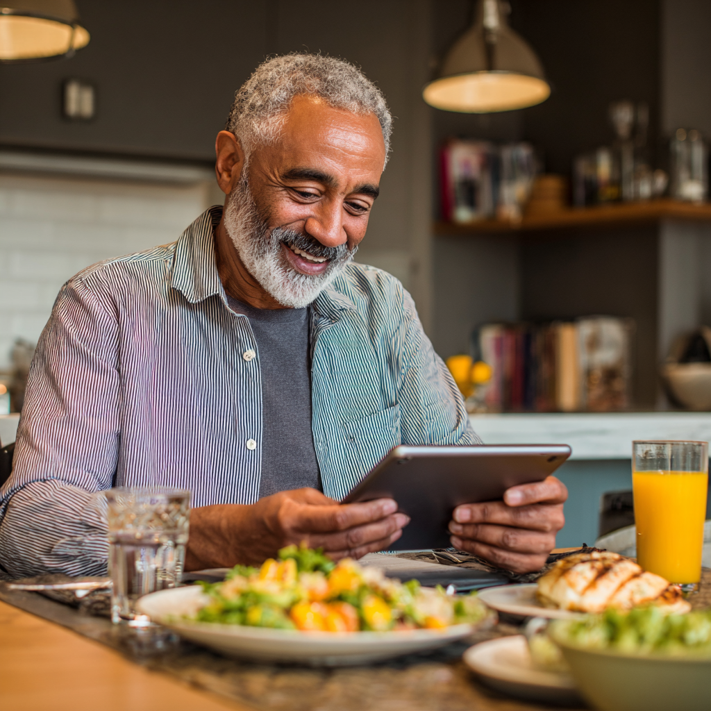 Чоловік 58 років з посмішкою дивиться на планшет з додатком dornetashk, на столі перед ним збалансована їжа